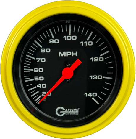 GAFFRIG 3 3/8 INCH MECHANICAL DRY SPEEDOMETER 140 MPH - HEAD ONLY BLACK / STEP RIM (008) / YELLOW