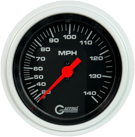 GAFFRIG 3 3/8 INCH MECHANICAL DRY SPEEDOMETER 140 MPH - HEAD ONLY BLACK / STEP RIM (008) / WHITE