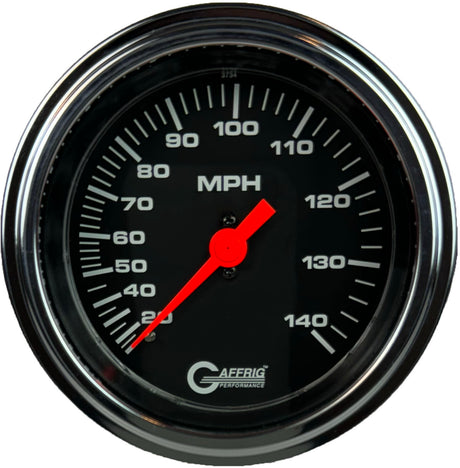 GAFFRIG 3 3/8 INCH MECHANICAL DRY SPEEDOMETER 140 MPH - HEAD ONLY BLACK / STEP RIM (008) / POLISHED/CHROME