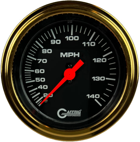 GAFFRIG 3 3/8 INCH MECHANICAL DRY SPEEDOMETER 140 MPH - HEAD ONLY BLACK / STEP RIM (008) / GOLD