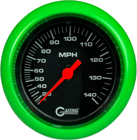 GAFFRIG 3 3/8 INCH MECHANICAL DRY SPEEDOMETER 140 MPH - HEAD ONLY BLACK / FAT RIM (338) / LIME GREEN