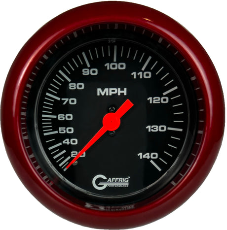 GAFFRIG 3 3/8 INCH MECHANICAL DRY SPEEDOMETER 140 MPH - HEAD ONLY BLACK / FAT RIM (338) / RED