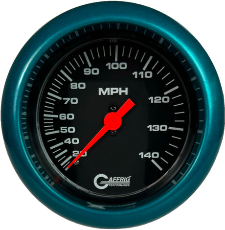 GAFFRIG 3 3/8 INCH MECHANICAL DRY SPEEDOMETER 140 MPH - HEAD ONLY BLACK / FAT RIM (338) / TEAL