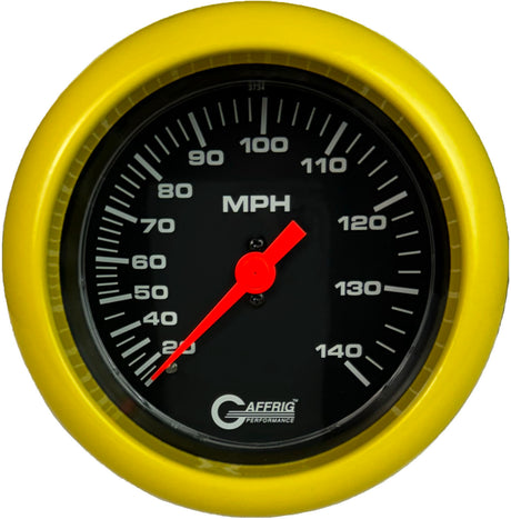 GAFFRIG 3 3/8 INCH MECHANICAL DRY SPEEDOMETER 140 MPH - HEAD ONLY BLACK / FAT RIM (338) / YELLOW