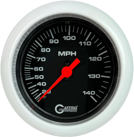 GAFFRIG 3 3/8 INCH MECHANICAL DRY SPEEDOMETER 140 MPH - HEAD ONLY BLACK / FAT RIM (338) / WHITE