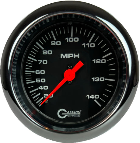 GAFFRIG 3 3/8 INCH MECHANICAL DRY SPEEDOMETER 140 MPH - HEAD ONLY BLACK / FAT RIM (338) / POLISHED/CHROME