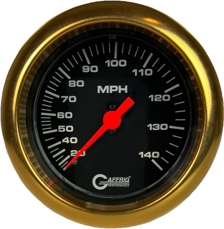 GAFFRIG 3 3/8 INCH MECHANICAL DRY SPEEDOMETER 140 MPH - HEAD ONLY BLACK / FAT RIM (338) / GOLD