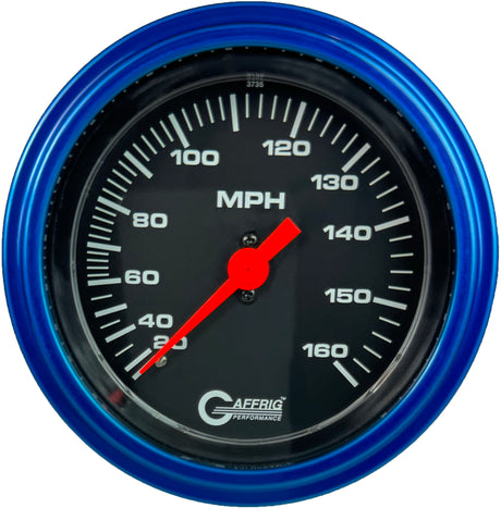 GAFFRIG 3 3/8 INCH MECHANICAL DRY SPEEDOMETER 160 MPH - HEAD ONLY STEP RIM (008) / BLUE / BLACK