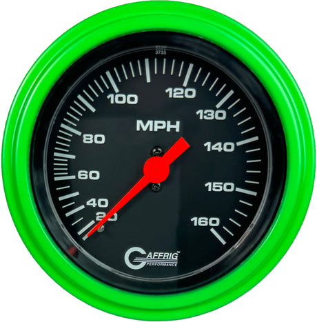 GAFFRIG 3 3/8 INCH MECHANICAL DRY SPEEDOMETER 160 MPH - HEAD ONLY STEP RIM (008) / LIME GREEN / BLACK