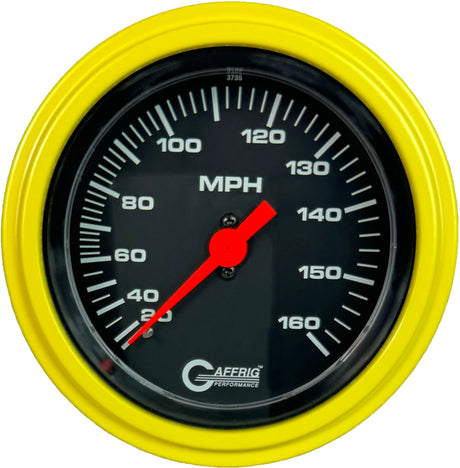 GAFFRIG 3 3/8 INCH MECHANICAL DRY SPEEDOMETER 160 MPH - HEAD ONLY STEP RIM (008) / YELLOW / BLACK