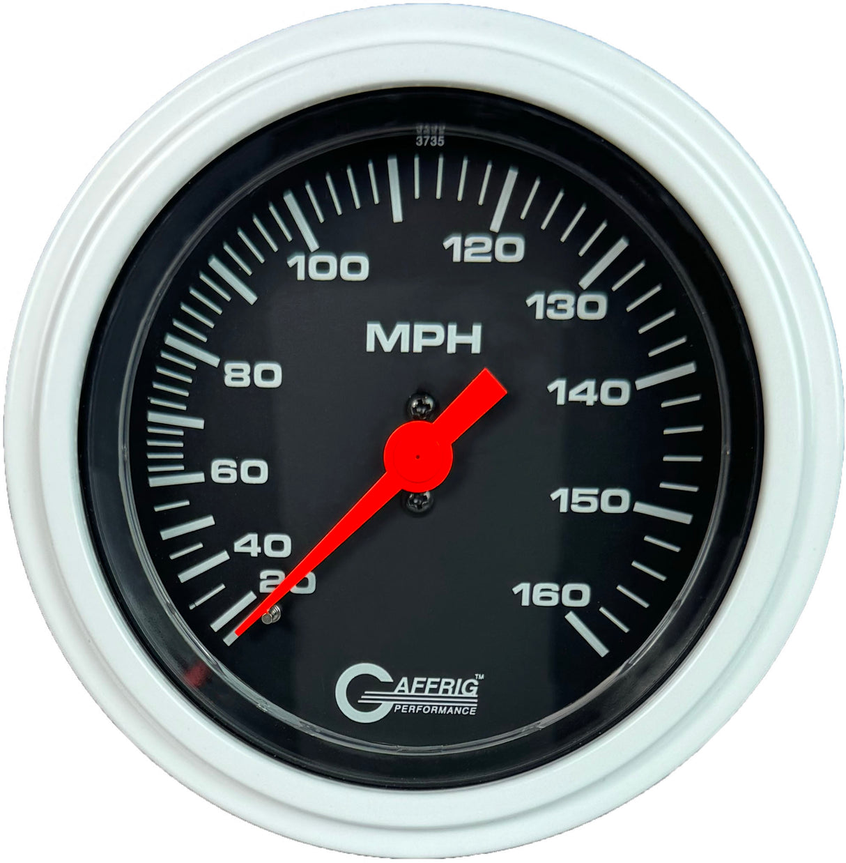 GAFFRIG 3 3/8 INCH MECHANICAL DRY SPEEDOMETER 160 MPH - HEAD ONLY STEP RIM (008) / WHITE / BLACK