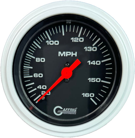 GAFFRIG 3 3/8 INCH MECHANICAL DRY SPEEDOMETER 160 MPH - HEAD ONLY STEP RIM (008) / WHITE / BLACK