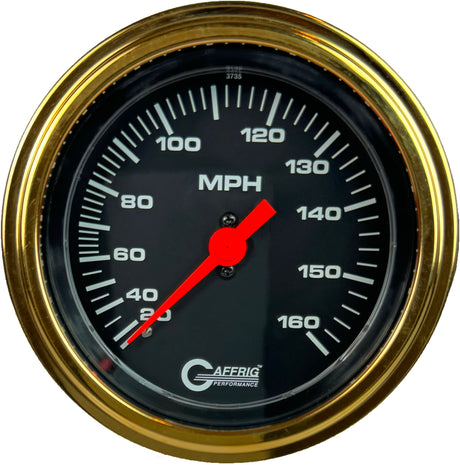 GAFFRIG 3 3/8 INCH MECHANICAL DRY SPEEDOMETER 160 MPH - HEAD ONLY STEP RIM (008) / GOLD / BLACK