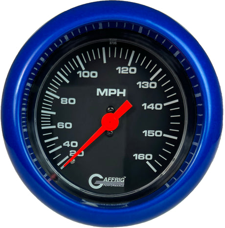 GAFFRIG 3 3/8 INCH MECHANICAL DRY SPEEDOMETER 160 MPH - HEAD ONLY FAT RIM (338) / BLUE / BLACK