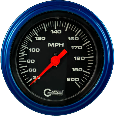 GAFFRIG 3 3/8 INCH MECHANICAL DRY SPEEDOMETER 200 MPH - HEAD ONLY STEP RIM (008) / BLUE / BLACK