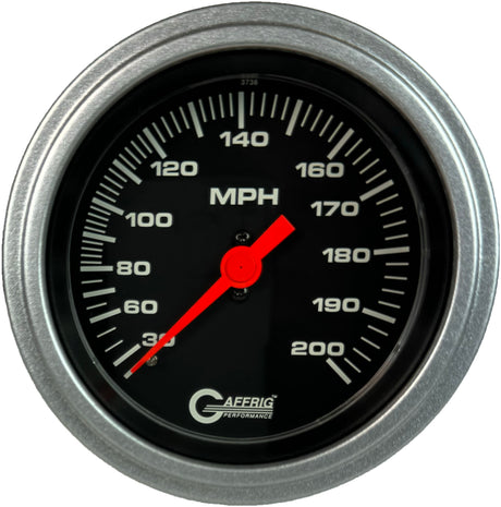 GAFFRIG 3 3/8 INCH MECHANICAL DRY SPEEDOMETER 200 MPH - HEAD ONLY STEP RIM (008) / PLATINUM / BLACK