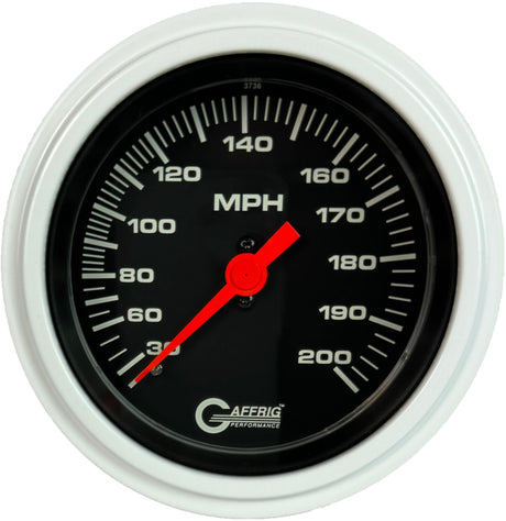 GAFFRIG 3 3/8 INCH MECHANICAL DRY SPEEDOMETER 200 MPH - HEAD ONLY STEP RIM (008) / WHITE / BLACK