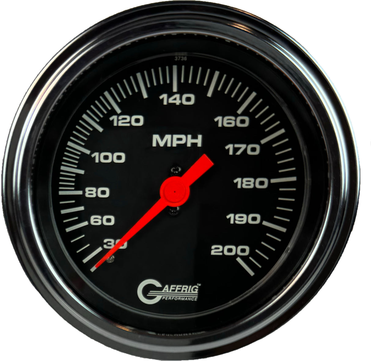 GAFFRIG 3 3/8 INCH MECHANICAL DRY SPEEDOMETER 200 MPH - HEAD ONLY STEP RIM (008) / POLISHED/CHROME / BLACK