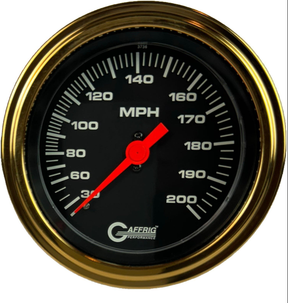 GAFFRIG 3 3/8 INCH MECHANICAL DRY SPEEDOMETER 200 MPH - HEAD ONLY STEP RIM (008) / GOLD / BLACK