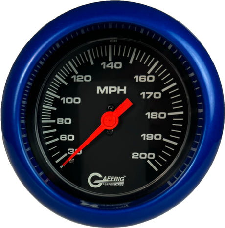 GAFFRIG 3 3/8 INCH MECHANICAL DRY SPEEDOMETER 200 MPH - HEAD ONLY FAT RIM (338) / BLUE / BLACK