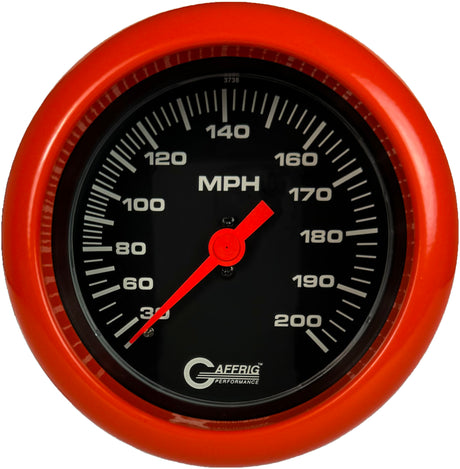 GAFFRIG 3 3/8 INCH MECHANICAL DRY SPEEDOMETER 200 MPH - HEAD ONLY FAT RIM (338) / ORANGE / BLACK