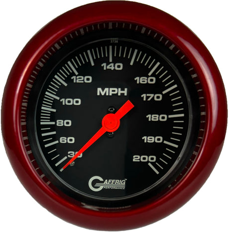 GAFFRIG 3 3/8 INCH MECHANICAL DRY SPEEDOMETER 200 MPH - HEAD ONLY FAT RIM (338) / RED / BLACK