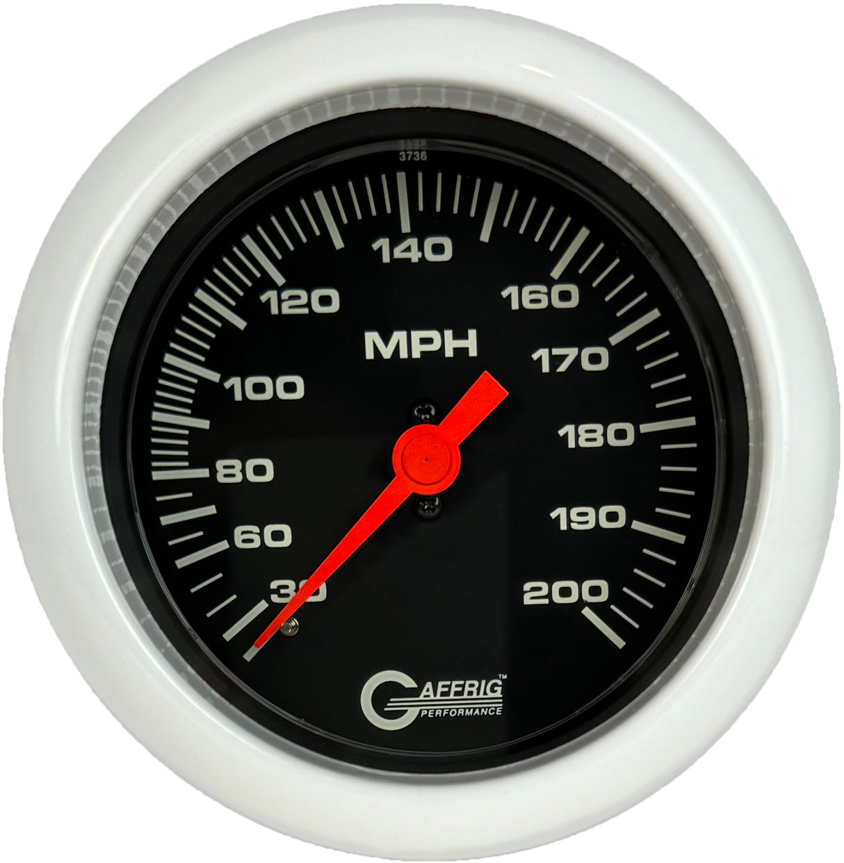 GAFFRIG 3 3/8 INCH MECHANICAL DRY SPEEDOMETER 200 MPH - HEAD ONLY FAT RIM (338) / WHITE / BLACK