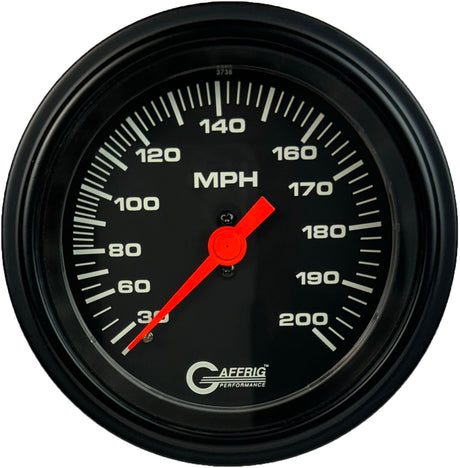 GAFFRIG 3 3/8 INCH MECHANICAL DRY SPEEDOMETER 200 MPH - HEAD ONLY STEP RIM (008) / BLACK / BLACK