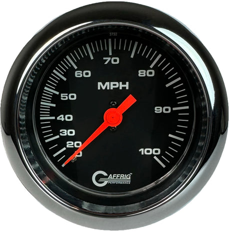 GAFFRIG 3 3/8 INCH MECHANICAL DRY SPEEDOMETER 100 MPH KIT BLACK / FAT RIM (338) / POLISHED/CHROME