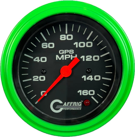 GAFFRIG 3 3/8 INCH GPS ANALOG SPEEDOMETER - 160 MPH - HEAD ONLY BLACK STEP RIM / LIME GREEN