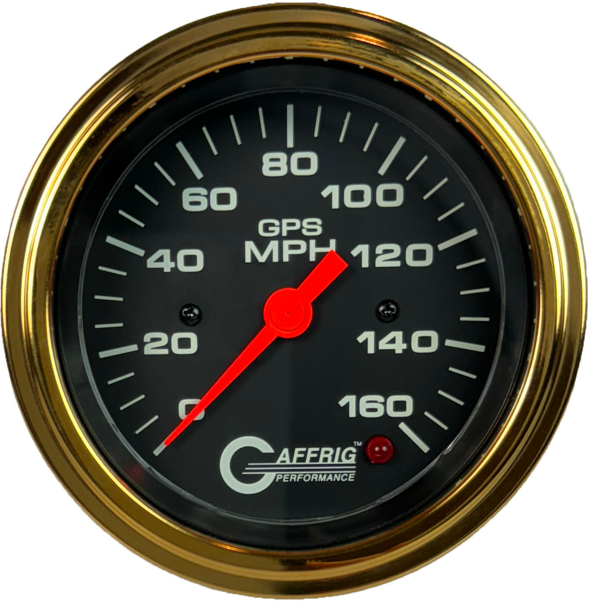 GAFFRIG 3 3/8 INCH GPS ANALOG SPEEDOMETER - 160 MPH - HEAD ONLY BLACK STEP RIM / GOLD