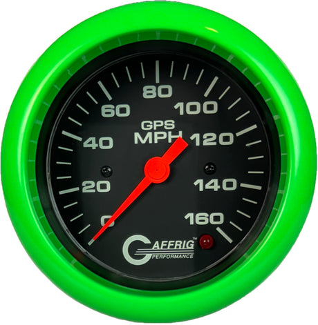 GAFFRIG 3 3/8 INCH GPS ANALOG SPEEDOMETER - 160 MPH - HEAD ONLY BLACK FAT RIM / LIME GREEN