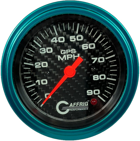 GAFFRIG 3 3/8 INCH GPS SPEEDOMETER - HEAD ONLY - CARBON FIBER STEP RIM (008) / TEAL / 90 MPH