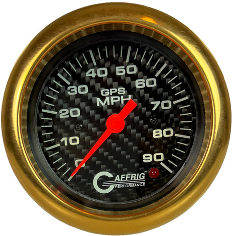 GAFFRIG 3 3/8 INCH GPS SPEEDOMETER - HEAD ONLY - CARBON FIBER FAT RIM (338) / GOLD / 90 MPH