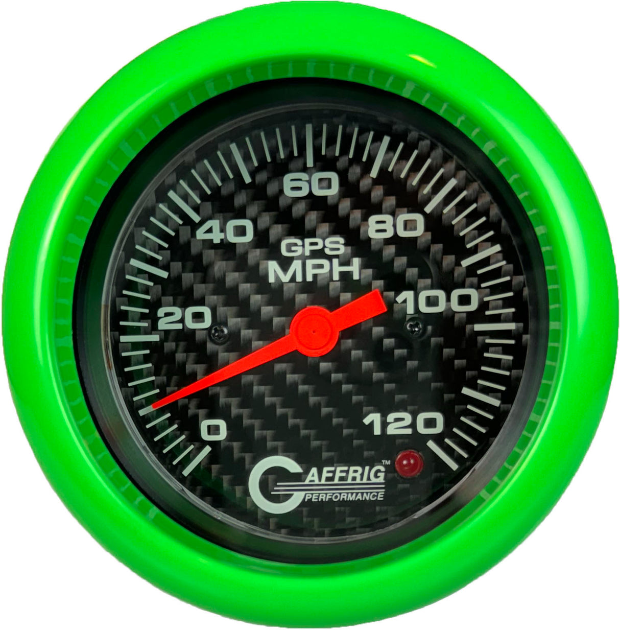 GAFFRIG 3 3/8 INCH GPS SPEEDOMETER - HEAD ONLY - CARBON FIBER FAT RIM (338) / LIME GREEN / 120 MPH