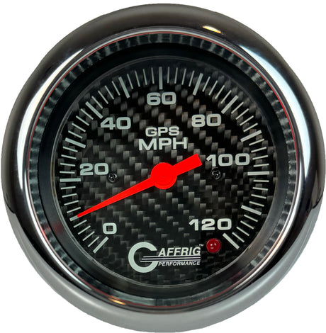 GAFFRIG 3 3/8 INCH GPS SPEEDOMETER - HEAD ONLY - CARBON FIBER FAT RIM (338) / CHROME/POLISHED / 120 MPH