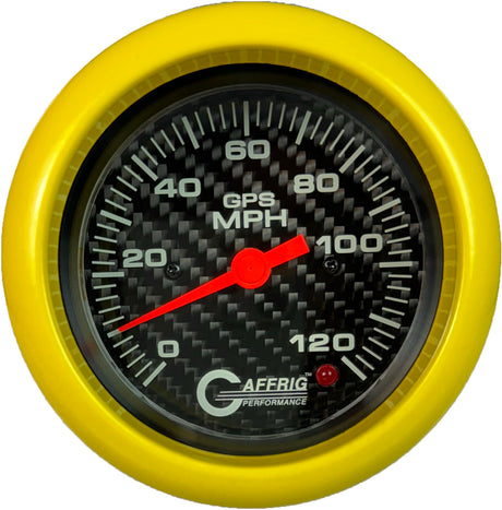 GAFFRIG 3 3/8 INCH GPS ANALOG SPEEDOMETER KIT - CARBON FIBER FAT RIM (338) / YELLOW / 120 MPH