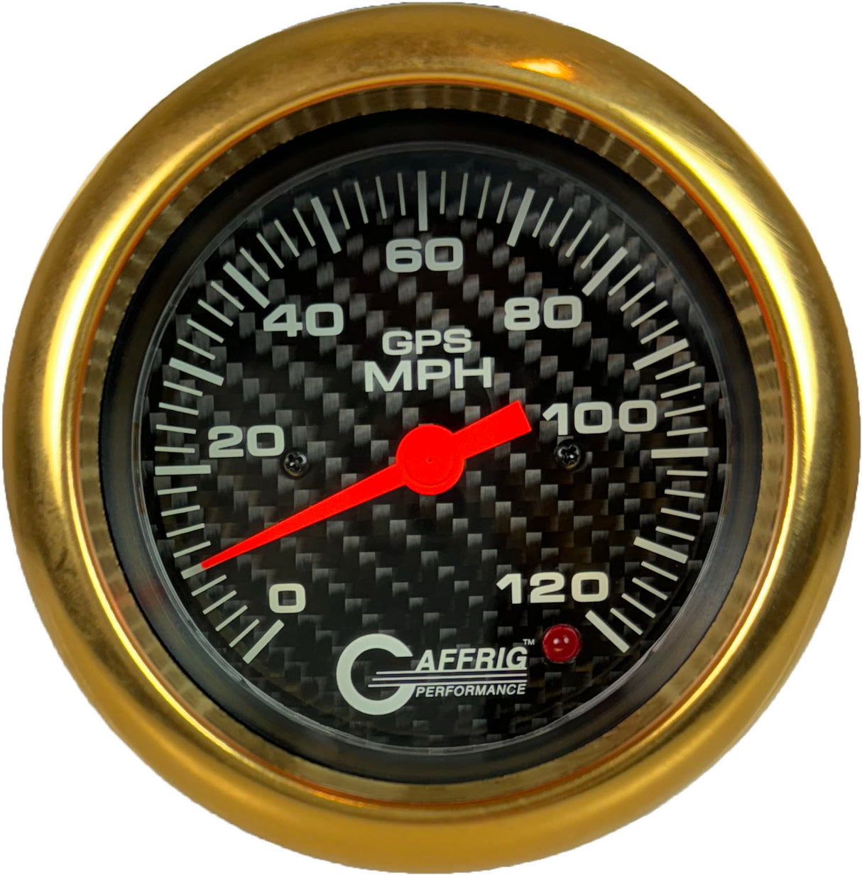 GAFFRIG 3 3/8 INCH GPS ANALOG SPEEDOMETER KIT - CARBON FIBER FAT RIM (338) / GOLD / 120 MPH