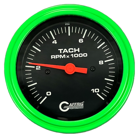 GAFFRIG 3 3/8 INCH TACHOMETER GAUGE 6000, 8000 & 10000 RPM BLACK 10000 / STEP RIM (008) / LIME GREEN