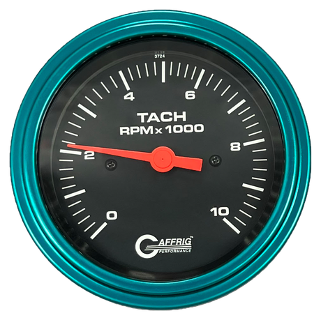 GAFFRIG 3 3/8 INCH TACHOMETER GAUGE 6000, 8000 & 10000 RPM BLACK 10000 / STEP RIM (008) / TEAL