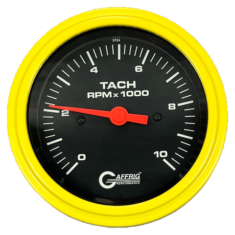 GAFFRIG 3 3/8 INCH TACHOMETER GAUGE 6000, 8000 & 10000 RPM BLACK 10000 / STEP RIM (008) / YELLOW