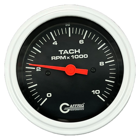 GAFFRIG 3 3/8 INCH TACHOMETER GAUGE 6000, 8000 & 10000 RPM BLACK 10000 / STEP RIM (008) / WHITE