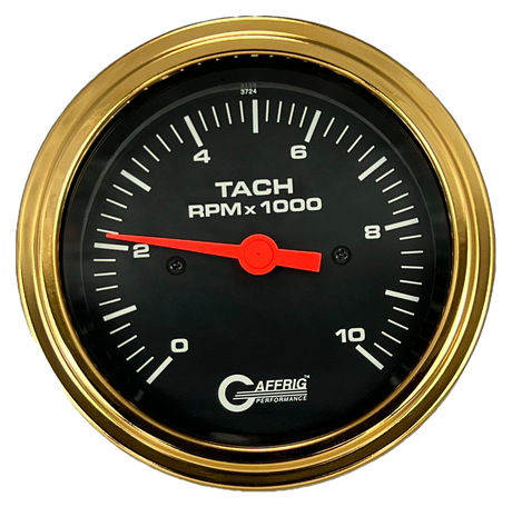 GAFFRIG 3 3/8 INCH TACHOMETER GAUGE 6000, 8000 & 10000 RPM BLACK 10000 / STEP RIM (008) / GOLD