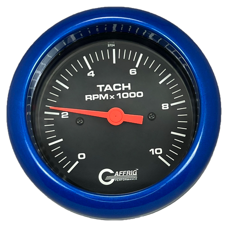 GAFFRIG 3 3/8 INCH TACHOMETER GAUGE 6000, 8000 & 10000 RPM BLACK 10000 / FAT RIM (338) / BLUE