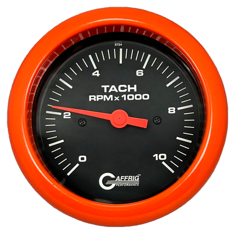 GAFFRIG 3 3/8 INCH TACHOMETER GAUGE 6000, 8000 & 10000 RPM BLACK 10000 / FAT RIM (338) / ORANGE