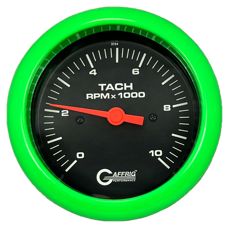 GAFFRIG 3 3/8 INCH TACHOMETER GAUGE 6000, 8000 & 10000 RPM BLACK 10000 / FAT RIM (338) / LIME GREEN