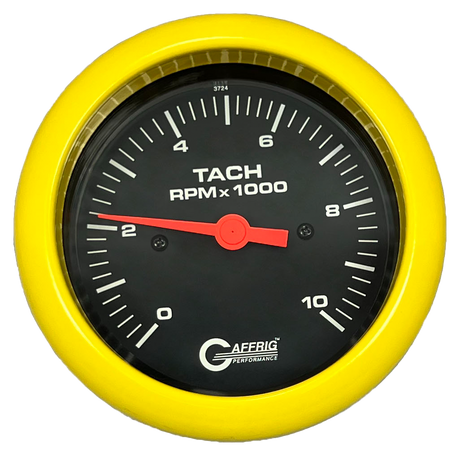 GAFFRIG 3 3/8 INCH TACHOMETER GAUGE 6000, 8000 & 10000 RPM BLACK 10000 / FAT RIM (338) / YELLOW