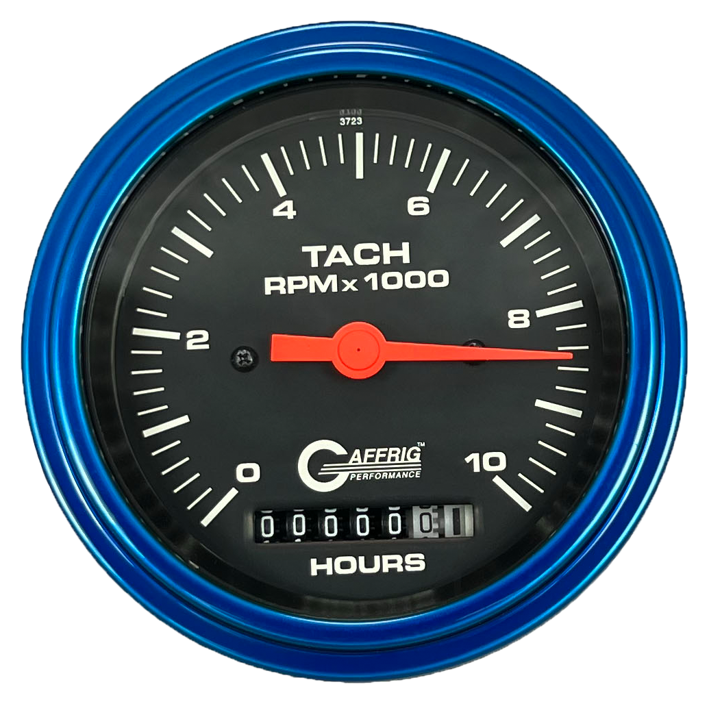 GAFFRIG 3 3/8 INCH ELECTRIC TACH/HOUR METER 0-10000 RPM GAUGE STEP RIM (008) / BLUE / BLACK