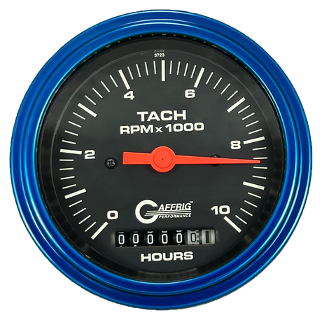 GAFFRIG 3 3/8 INCH ELECTRIC TACH/HOUR METER 0-10000 RPM GAUGE STEP RIM (008) / BLUE / BLACK