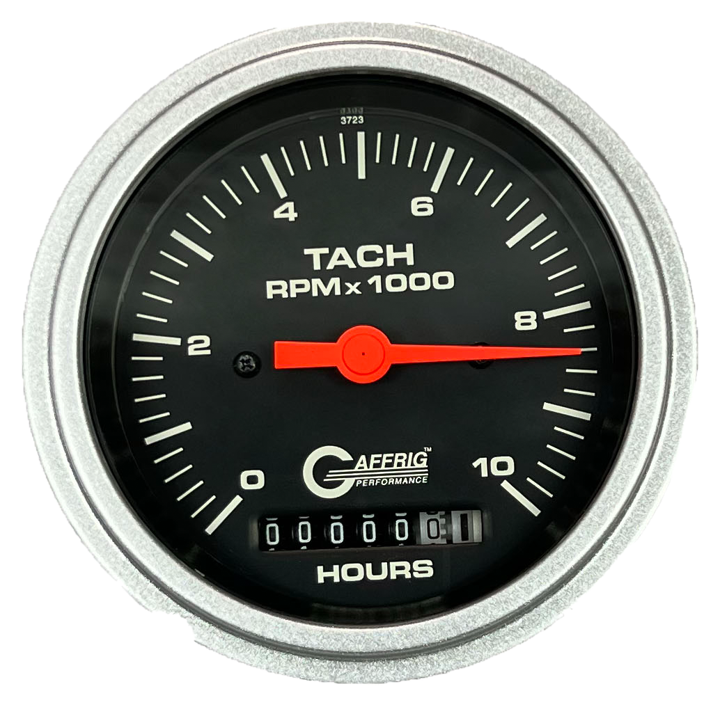 GAFFRIG 3 3/8 INCH ELECTRIC TACH/HOUR METER 0-10000 RPM GAUGE STEP RIM (008) / PLATINUM / BLACK